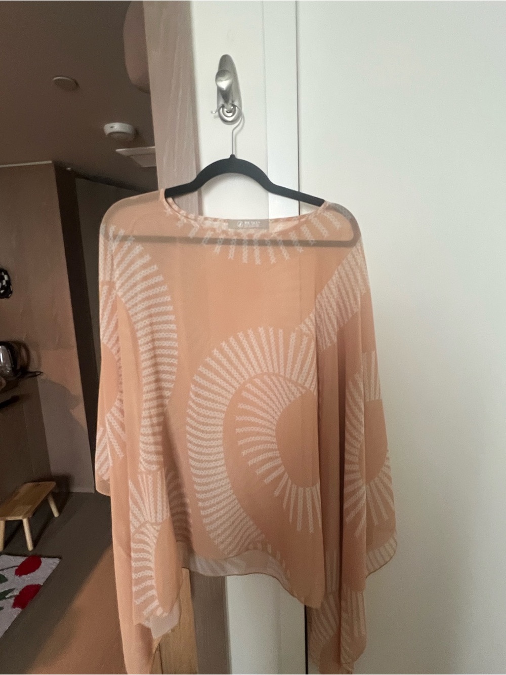Manaola Peach and White Sheer Geo-Print Poncho Top